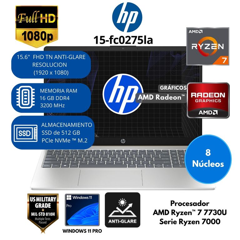 Laptop AMD Ryzen 7 (15-fc0275la) RAM 16 GB SSD 512 GB 15.6" FHD Windows 11 PRO