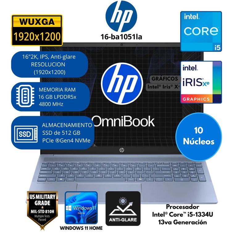 Laptop OmniBook 5 Intel Core i5(16-ba1051la) RAM 16 GB SSD 512 GB 16"2K Windows 11 HOME