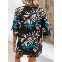 KAST PE - Kimono Corto de Mujer Raiza estampado hojas con borlas - Talla M