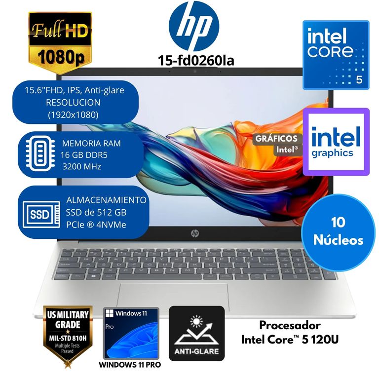 Laptop Intel Core i5 (15-fd0260la) RAM 16 GB SSD 512 GB 15.6" FHD Windows 11 PRO