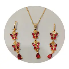 GENERICO - Set Aretes Colgantes y Collar Mariposas Dorado con Rojo
