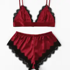GENERICO - Pijama Satinado “Velvet Rouge” Conjunto de Satén y Encaje Negro Talla S