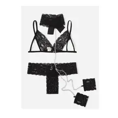 GENERICO - Conjunto de Lencería “Seduction Bond” Encaje Negro con Detalles de Satén y Cadenas Decorativas