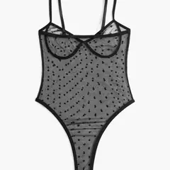 GENERICO - Body de Malla “Midnight Dots” Transparente Negro con Diseño de Lunares y Varilla Decorativa