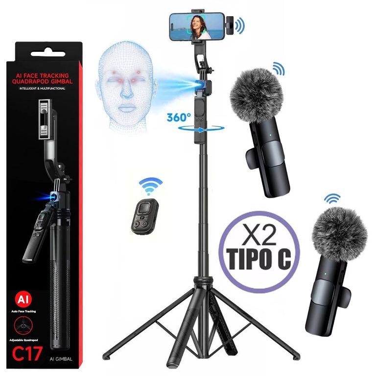 Kit dual Gimbal C17 con seguimiento facial - IA y micrófonos inalámbricos K9 con filtros de peluche