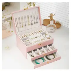 GENERICO - Joyero Grande de Tres Capas PU Organizador de Joyas de 3 Niveles