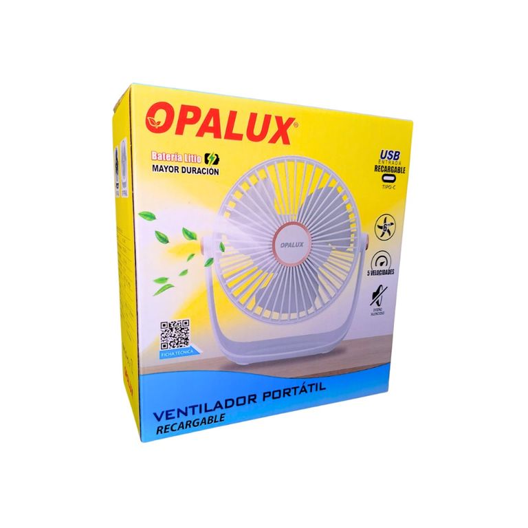 Ventilador Portátil Recargable Blanco 5 Velocidades Con Luz LED OP-TF60-BL