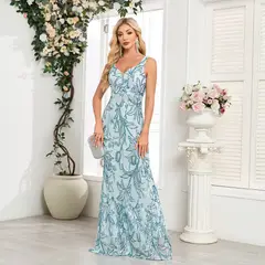 GENERICO - Vestido Largo Azul Celeste con Brillos y Corte Sirena