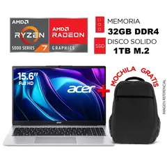 ACER - Laptop RYZEN 7 5700U RAM 32GB SSD 1TB Pantalla 15.6” FULL HD + MOCHILA