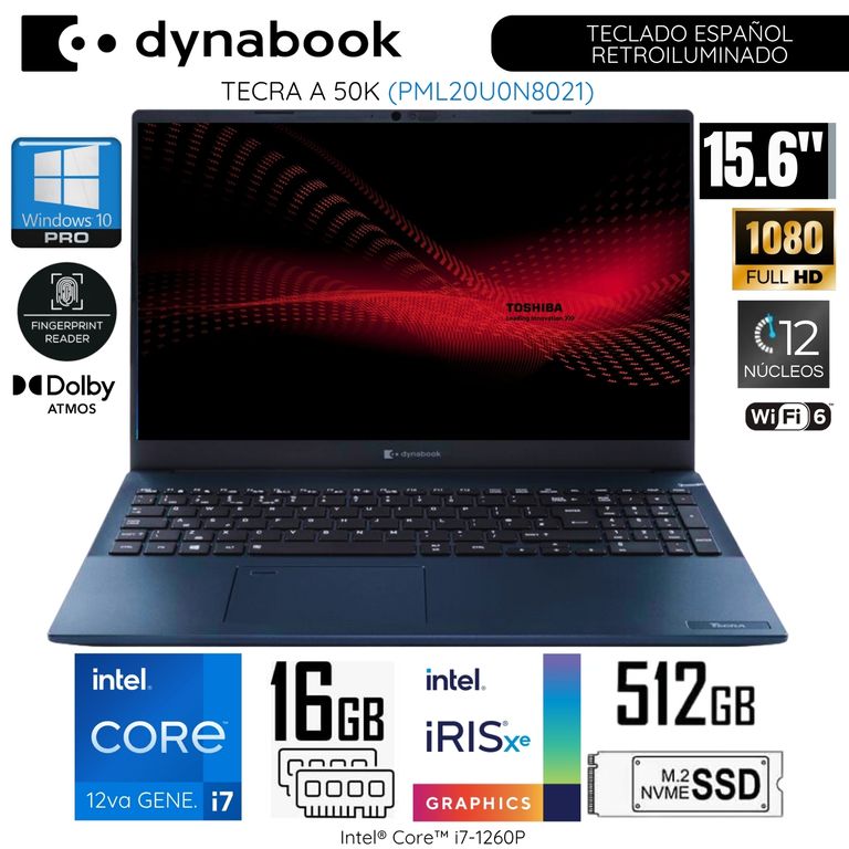 Laptop Tecra A 50K PML20U0N8021 Intel Corei7-1260P 16GB RAM 512GB SSD 15.6" FHD WIND 10 PRO