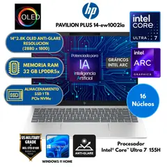 HP - Laptop Intel Core ULTRA 7 (PAVILION PLUS 14-ew1002la) RAM 32 GB SSD 1 TB 14" 2.8K OLED Windows 11