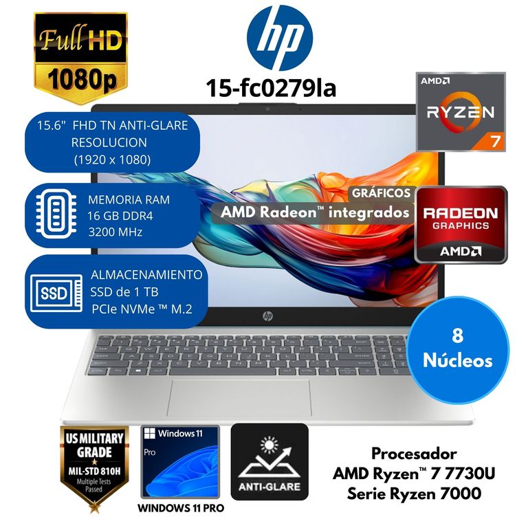 Laptop AMD Ryzen 7 (15-fc0279la) RAM 16 GB SSD 1 TB 15.6" FHD Windows 11 PRO