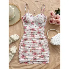 GENERICO - VESTIDO LOLITAS CASUAL DE MALLA BLACO FLOREADA CORTO.M