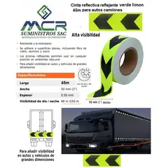 GENERICO - Cinta reflectiva reflejante VERDE LIMON FLECHA fluorescente 5cm x 45m para autos camiónes