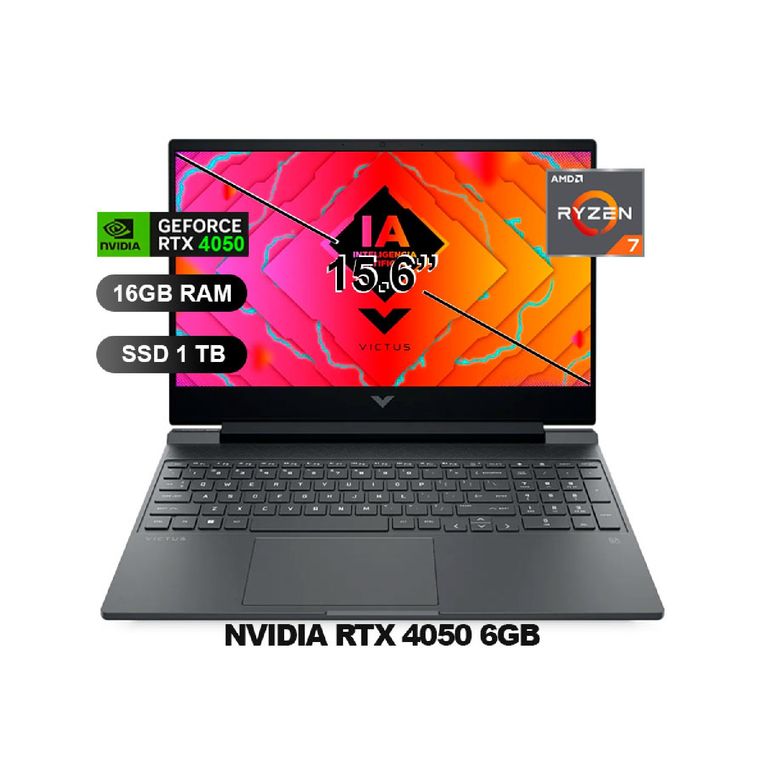 Laptop Victus 15-FB2020LA 15.6” FHD 144Hz, AMD Ryzen 7 8845HS, 16GB DDR5, 1TB SSD, RTX-4050 6GB GDDR6, Free DOS