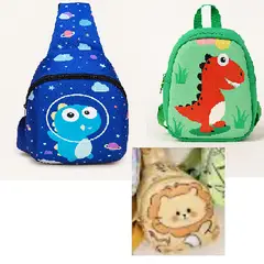 GENERICO - Pack 3 Morral de Dibujos con 2 espacios - canguro leon y dino