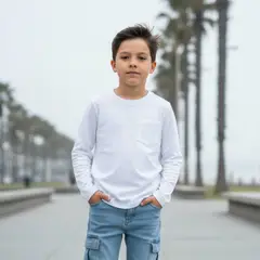 LE PETIT COMPANY - Polo Niño Manga Larga Blanco 100% Algodón - Bolsillo