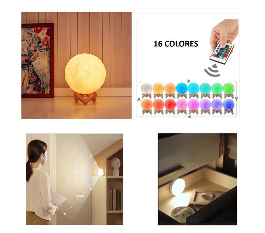LAMPARA DE LUNA 3D LED 15 CM 16 COLORES + FOCO LED ADOSABLE CON SENSOR