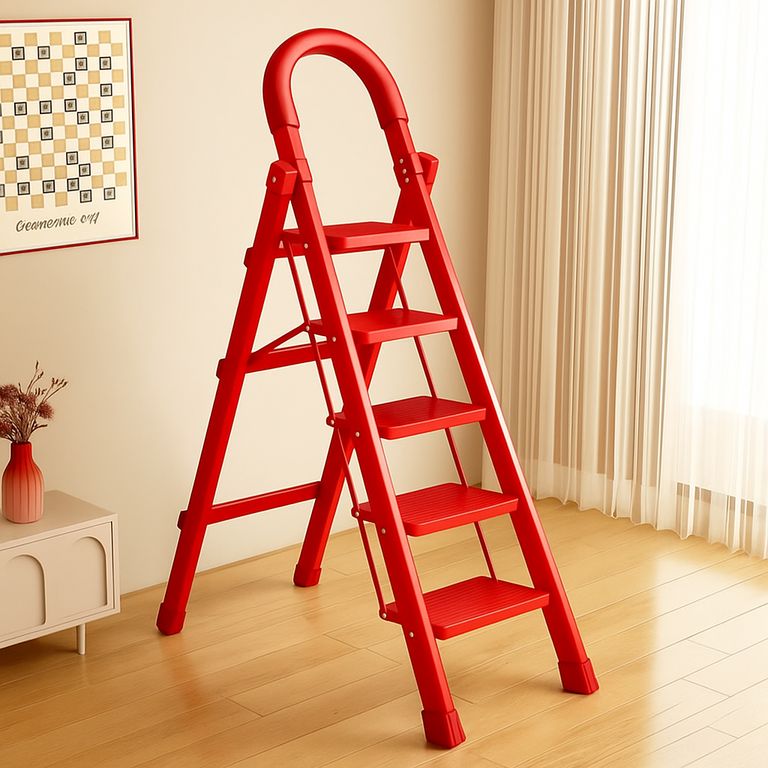 Escalera 5 Escalones Plegable Rojo Seguridad Antideslizante Reforzado Metal Compacto Hogar Oficina