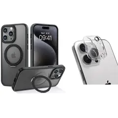 CASE - AHUMADO CON ANILLO + MICA DE CÁMARA PARA IPHONE 15 PRO MAX - NEGRO