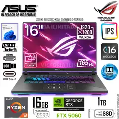 ASUS - Laptop Gamer ROG STRIX G16 AMD RYZEN 9-9955HX NVIDIA RTX5060 16GB 1TB SSD 16 WUXGA G614FM-WS94