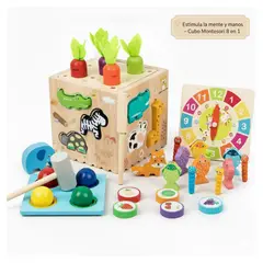 GENERICO - Cubo Didáctico de Madera Montessori 8 en 1 - Encaje, Pesca y Clasificación para Bebés/Niños