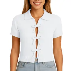 GENERICO - Sueter Mujer MC Camisero Lazos Hilo Tacto 463G Dom-22 Color Blanco