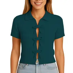 GENERICO - Sueter Mujer MC Camisero Lazos Hilo Tacto 463G Dom-22 Color Verde