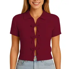 GENERICO - Sueter Mujer MC Camisero Lazos Hilo Tacto 463G Dom-22 Color Vino