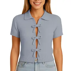GENERICO - Sueter Mujer MC Camisero Lazos Hilo Tacto 463G Dom-22 Color Plomo