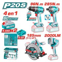 TOTAL TOOLS - Combo Total TOSLI241297 Taladro Percutor 96Nm + Atornillador Impacto 285Nm + Sierra Cir + Linterna