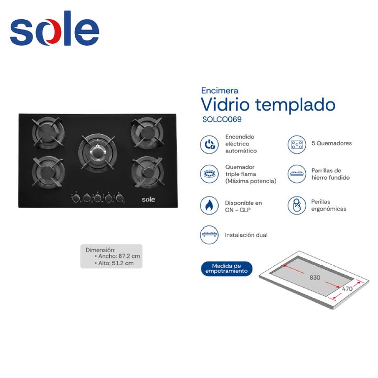 SOLCO069 - Cocina Empotrable A Gas 5 Hornillas Vidrio Templado