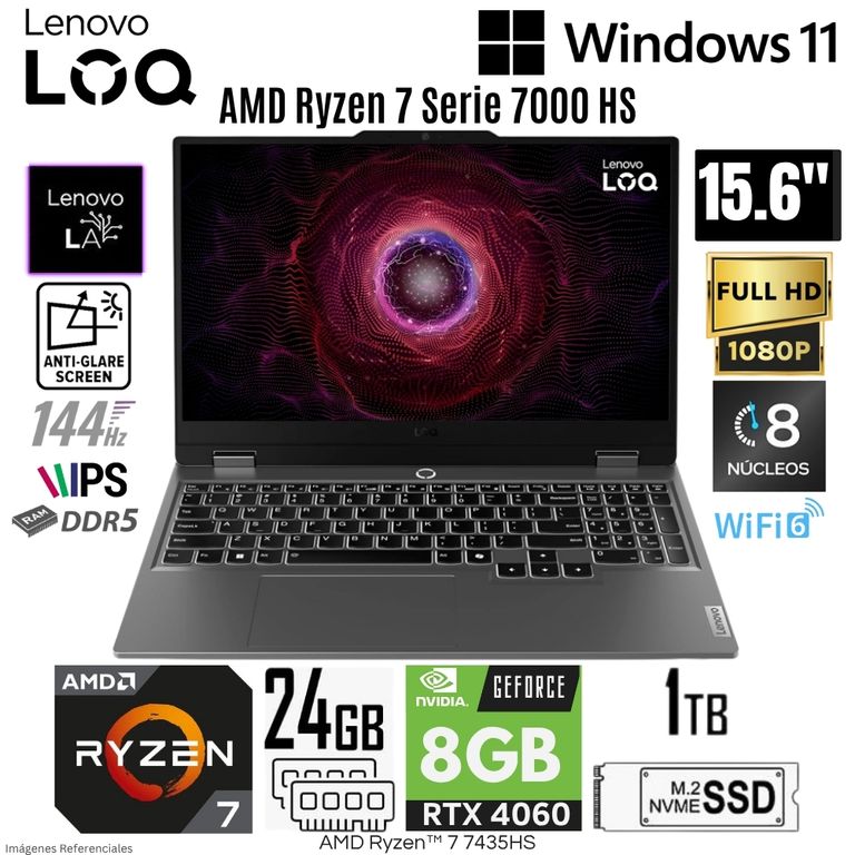 Laptop LOQ 15ARP9 AMD Ryzen 7 7435HS 24GB RAM 1TB SSD RTX 4060-8GB 15.6" FHD 144Hz