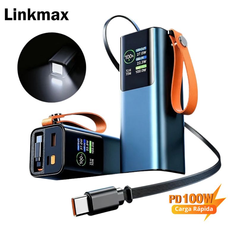 Power Bank 20000mAh 100W Cable Retráctil Cargador Portátil Carga Rápida Pantalla Digital y Linterna
