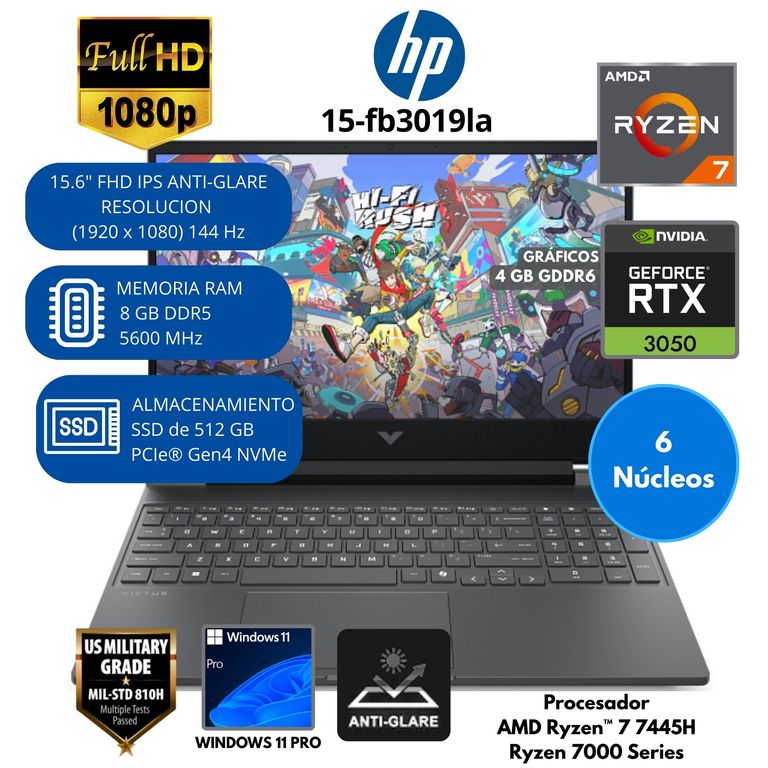 Laptop Gaming Victus AMD Ryzen 7 (15-FB3019LA) RAM 8 GB SSD 512 GB 15.6"FHD Windows 11 PRO