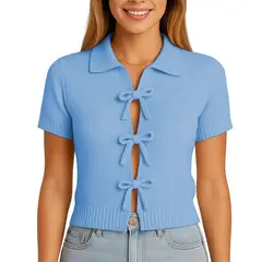 GENERICO - Sueter Mujer MC Camisero Lazos Hilo Tacto 463G Dom-22 Color Celeste