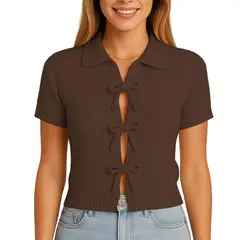 GENERICO - Sueter Mujer MC Camisero Lazos Hilo Tacto 463G Dom-22 Color Chocolate