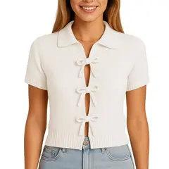 GENERICO - Sueter Mujer MC Camisero Lazos Hilo Tacto 463G Dom-22 Color Crudo