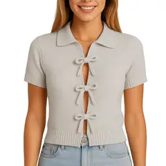 GENERICO - Sueter Mujer MC Camisero Lazos Hilo Tacto 463G Dom-22 Color Hueso