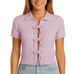 GENERICO - Sueter Mujer MC Camisero Lazos Hilo Tacto 463G Dom-22 Color Rosado