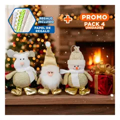 SKYBLOO - Pack4 Munecos Navidenos Blanco y Dorado Y+Papel de Regalo