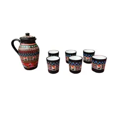 ACHALLAY ARTESANIA DE BARRO - Set de Jarra de Litro + 6 Vasos de 200 ml Incaico - 7 piezas