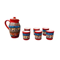 ACHALLAY ARTESANIA DE BARRO - Set de Jarra de Litro + 6 Vasos de 200 ml Incaico - 7 piezas