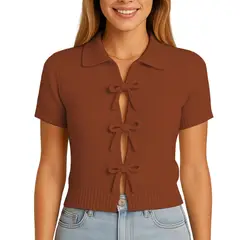 GENERICO - Sueter Mujer MC Camisero Lazos Hilo Tacto 463G Dom-22 Color Caramelo