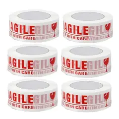 GENERICO - 6 Cinta de embalaje fragil 100mts - Blanco y Rojo