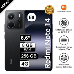 REDMI - Celular Xiaomi Note 14 4G 256GB 8GB RAM cámara 108MP, cámara frontal 20MP, 6.6" Pulg Negro