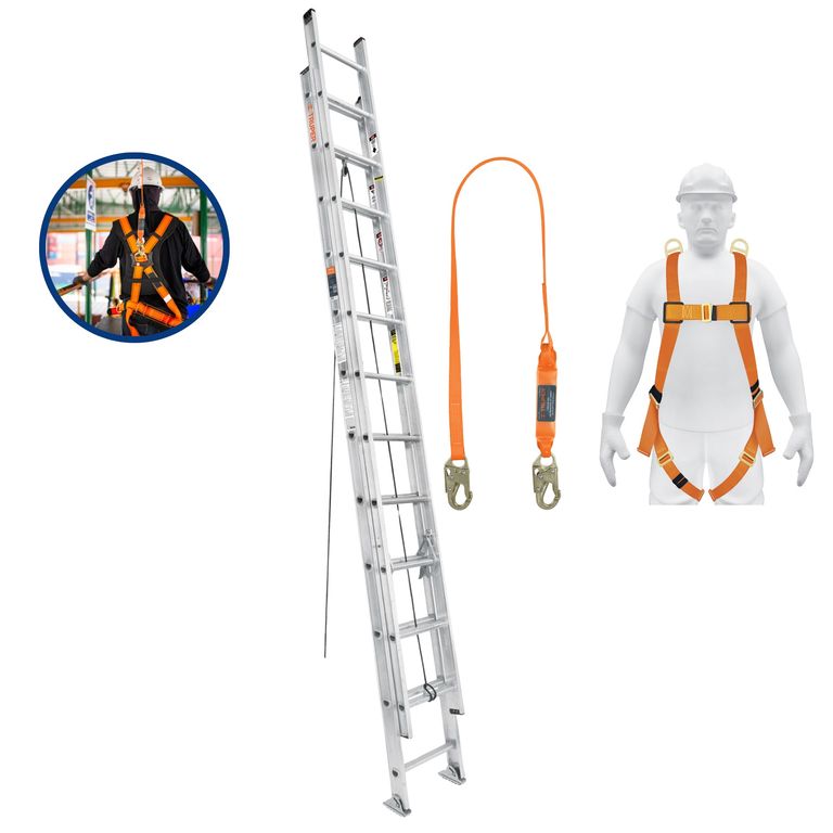 Combo Escalera telescópica 24 pasos, Arnés de seguridad linea de vida