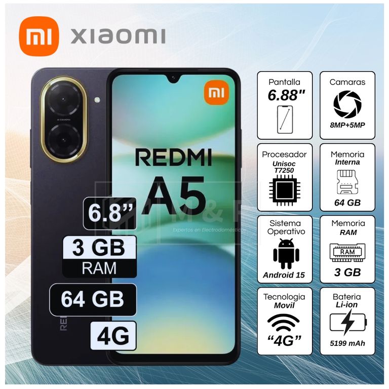 Celular Redmi A5 4G 3GB RAM 64GB 6.88" Pulg. HD - Negro Medianoche