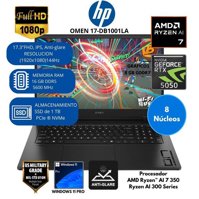 Laptop Gaming OMEN AMD Ryzen AI 7 (17-db1001la) RAM 16 GB SSD 1 TB 17.3"FHD Windows 11 PRO
