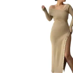 GENERICO - Vestido Asimetrico Manga Larga Con Broches Rib Grueso Col-26 Color Beige